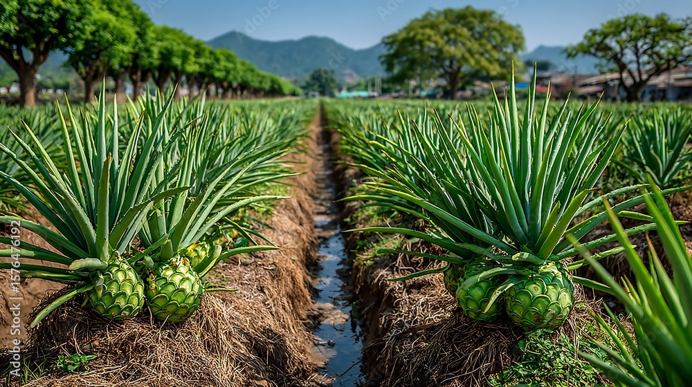 Fototapeta premium Dragon fruit plantation rows of cactus like plants under bright tropical sun wide angle farm layout clear shadows and field texture