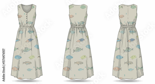 A woman's summer dress with a fish pattern, presented in a triple view showcasing its design from different angles.