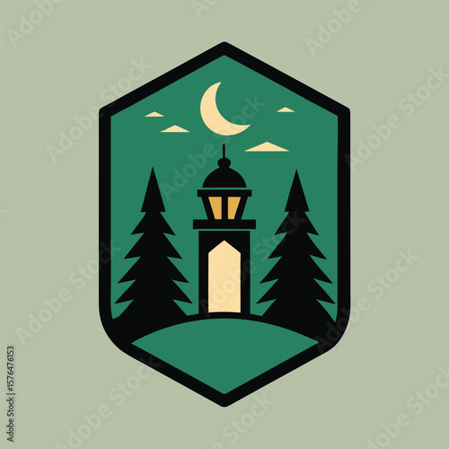 Badge illustration of a lighthouse between two pine trees with a crescent moon and clouds