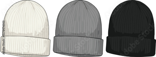 Three knitted winter beanies, black gray white wool hat, warm ribbed cap illustration, casual fashion accessory isolated on white