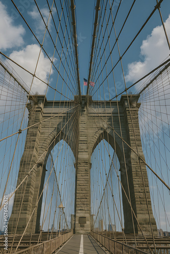 Brooklyn Bridge in New York City Viewed from Pedestrian Path – Iconic Suspension Bridge Architecture with Steel Cables and Blue Sky