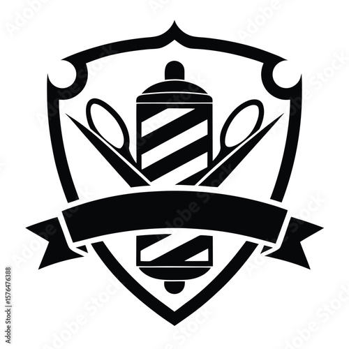 Black and white barber shop badge with barber pole scissors and ribbon on white background