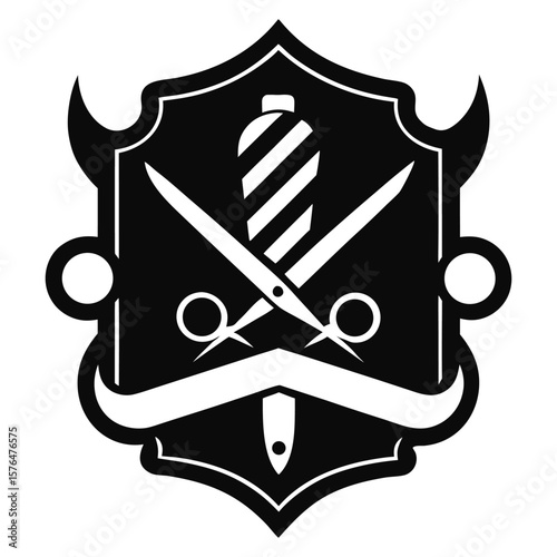 Black and white barber shop emblem with scissors, mustache, and barber pole design