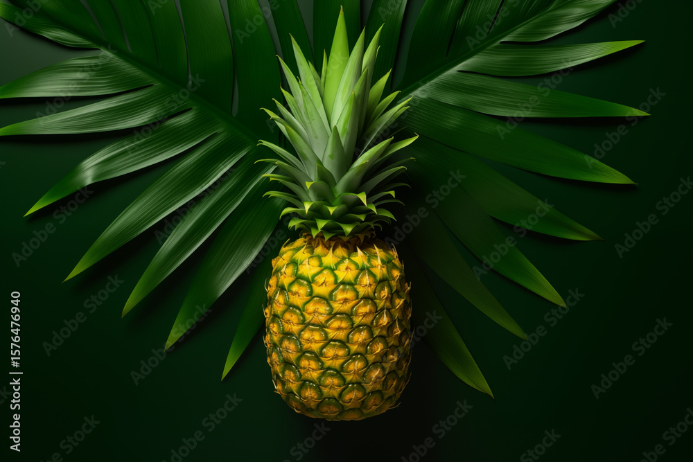 Whole ripe pineapple with green spiky leaves on vibrant tropical background Whole ripe pineapple with green spiky leaves on vibrant tropical background