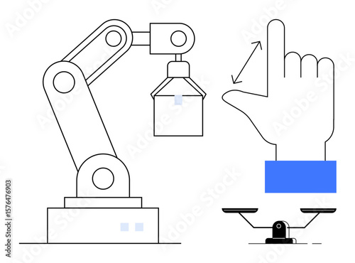 Robotic arm lifting object, hand gesture for control, and balance scale symbolizing automation, precision, decision-making, and innovation. Ideal for tech, AI, robotics balance gesture control