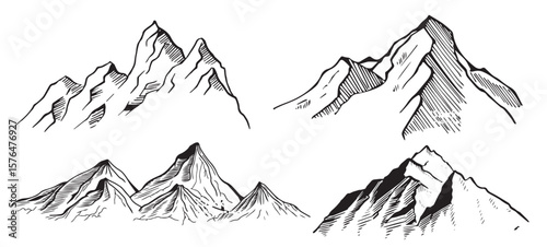 Mountain range, panoramic landscape, nature. Long banner. Rocky terrain, hills. Simple vector ink sketch