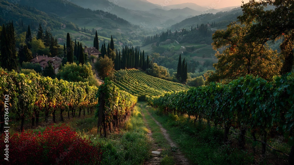 Obraz premium Grape vineyard rows golden evening light slight hill slope trellis patterns cinematic detail and realism
