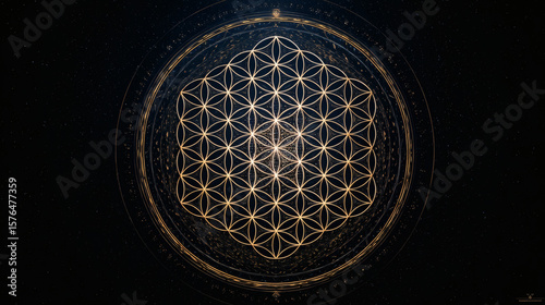A stunning visualization of the flower of life set against a cosmic backdrop.