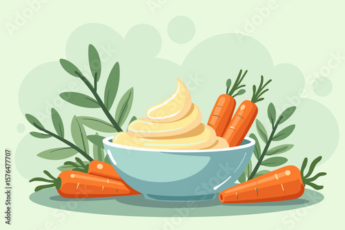 Carrot cream in a bowl with fresh carrots and green leaves on a light background