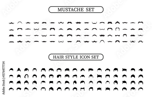 Set of mustaches and hairstyle silhouettes collection. Mustache and hair icons set. Collection of moustache and hairstyle