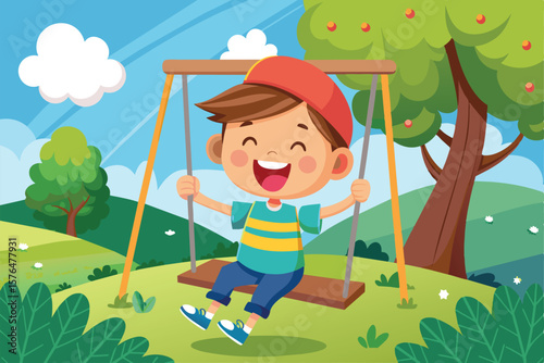 A cheerful boy swings happily in a colorful park setting, surrounded by trees and blue skies. The image exudes joy, innocence, and the simple pleasures of childhood.