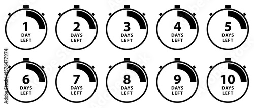 Vector countdown timer icons showing 1 to 10 days left. Stylish stopwatch designs with black progress bars and bold text, ideal for deadline, launch, sales, and event reminder graphics.