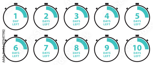 Vector countdown timer icons showing 1 to 10 days left. Stylish stopwatch designs with progress bars and bold text, ideal for deadline, launch, sales, and event reminder graphics.