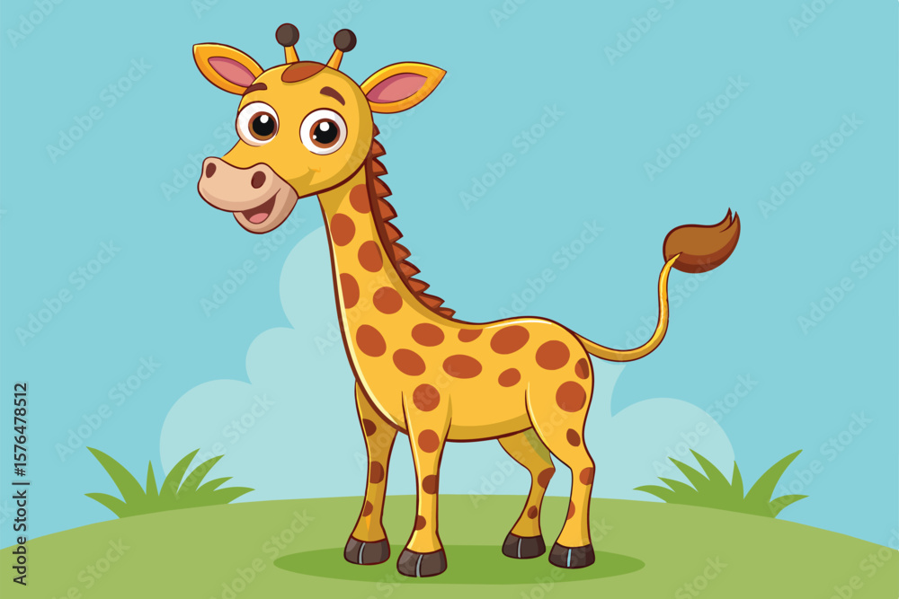 Fototapeta premium Adorable cartoon giraffe with big eyes standing happily in a green outdoor setting. Perfect for childrens content, educational purposes, or playful designs.