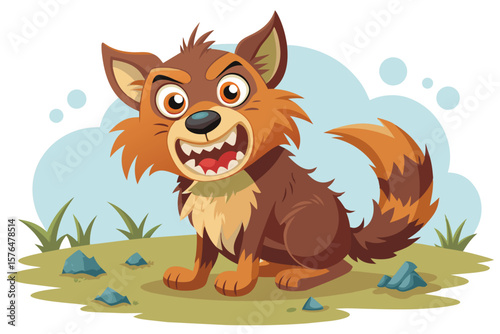 A vibrant cartoon illustration of a playful wolf with big eyes and a fluffy tail, sitting on grass surrounded by stones. The wolf exudes energy and mischief in a whimsical style.