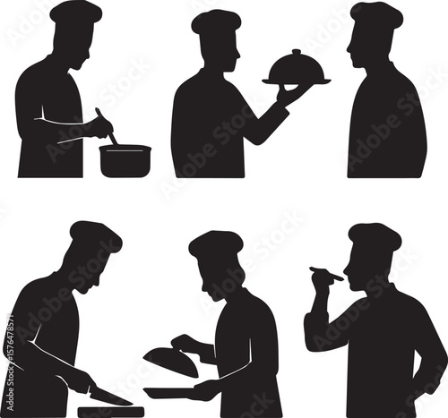 Kitchen Chef Silhouette Set of 6 Cooking Actions in Side View