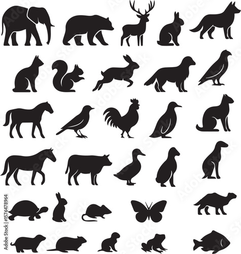 Vector silhouette set of 30+ wild and domestic animals in side view on white background