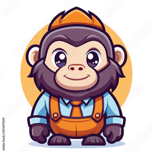 Cartoon monkey wearing an orange hard hat and overalls