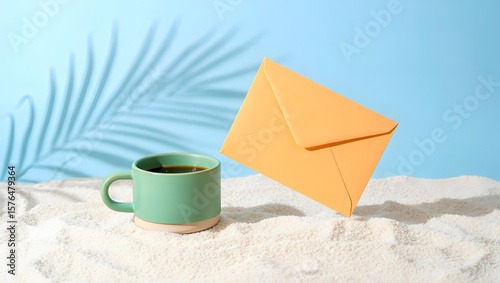 Coffee cup and orange envelope on sand beach with blue background summer vacation