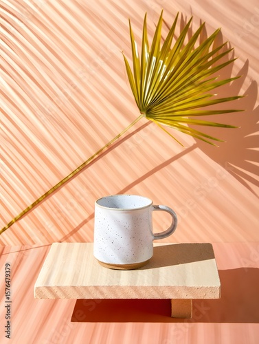 Ceramic coffee mug on wooden stand with palm leaf shadow aesthetic product shot