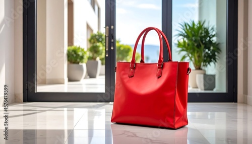 Red tote bag on marble floor near glass doors