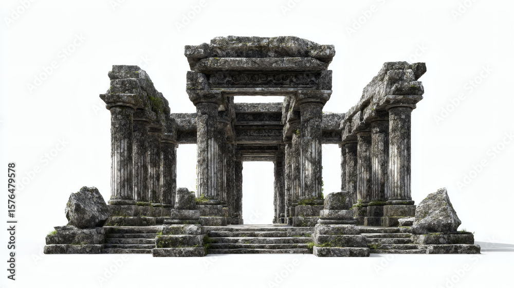 Fototapeta premium Ancient temple ruin stands weathered, revealing historical architecture and stone details against white.