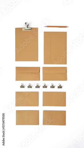 Isolated stationery mockup with clipboard envelope and cards for branding identity