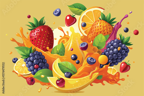 An artistic splash of vibrant fruits including strawberries, oranges, and berries with lively juices and green leaves, showcasing freshness and energy against a soft background.