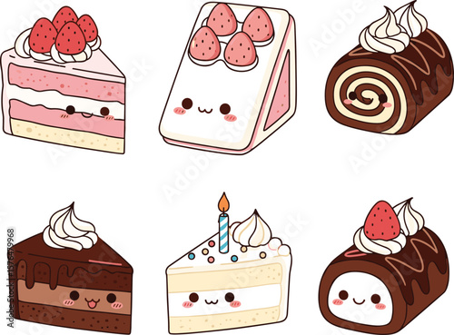 Adorable Kawaii Cake Slices and Swiss Rolls with Cute Faces, Topped with Strawberries and Whipped Cream, Perfect for Desserts, Bakery, Party, and Sweet Food-Themed Designs