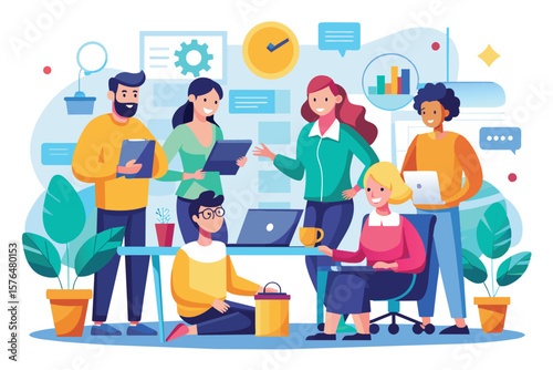 A diverse team engages in a meeting, exchanging ideas and using laptops in a vibrant, modern office space. The atmosphere is collaborative and energetic, embodying teamwork and creativity.