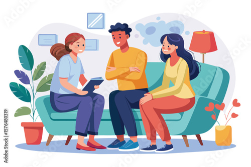 Illustration of three friends sitting on a sofa engaged in a relaxed conversation in a cozy living room setting.