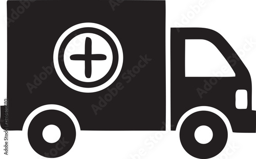 Black silhouette of an ambulance with a medical cross symbol isolated on a white background