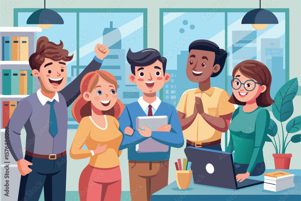 Obraz premium A diverse group of colleagues enthusiastically celebrating success in a modern office. Team members express happiness and teamwork, fostering a positive and collaborative work atmosphere.