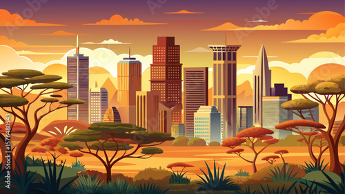 Nairobi, Kenya – Urban skyline blends with  and acacia trees at Nairobi National Park. Warm sunlight filters through skyscrapers and wild savanna, offering a unique blend of nature and city.