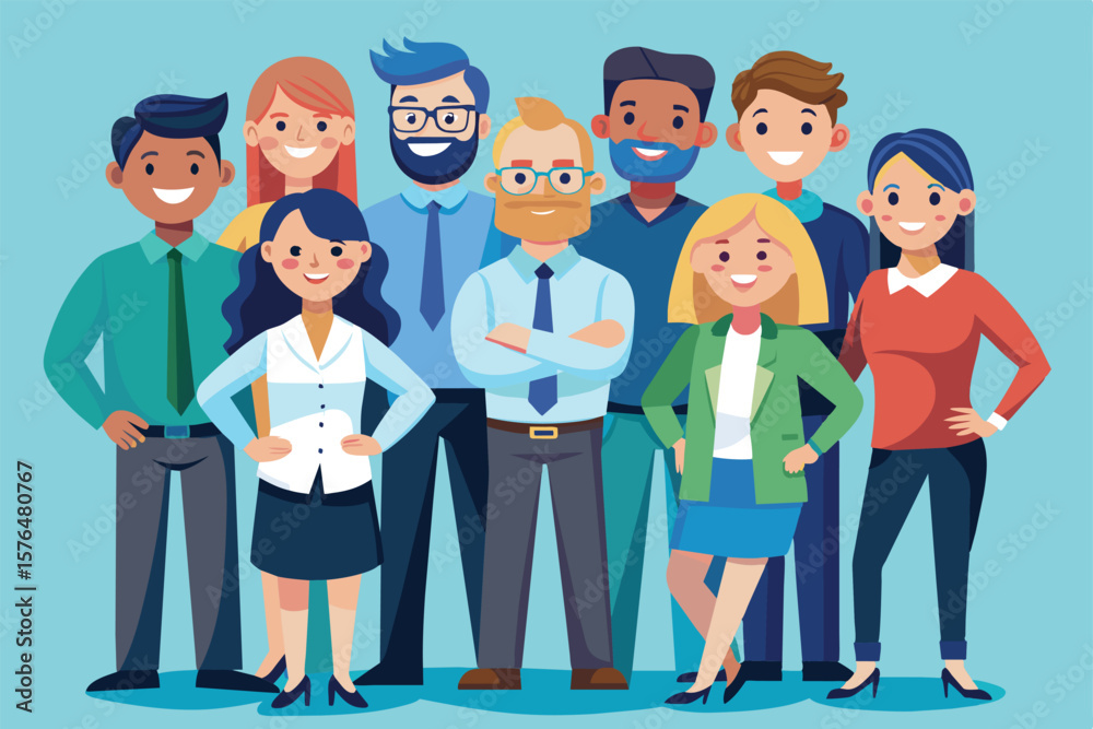Fototapeta premium Illustration of a diverse group of cartoon business professionals standing together, smiling confidently. Represents teamwork, unity, and diversity in a modern workplace setting.