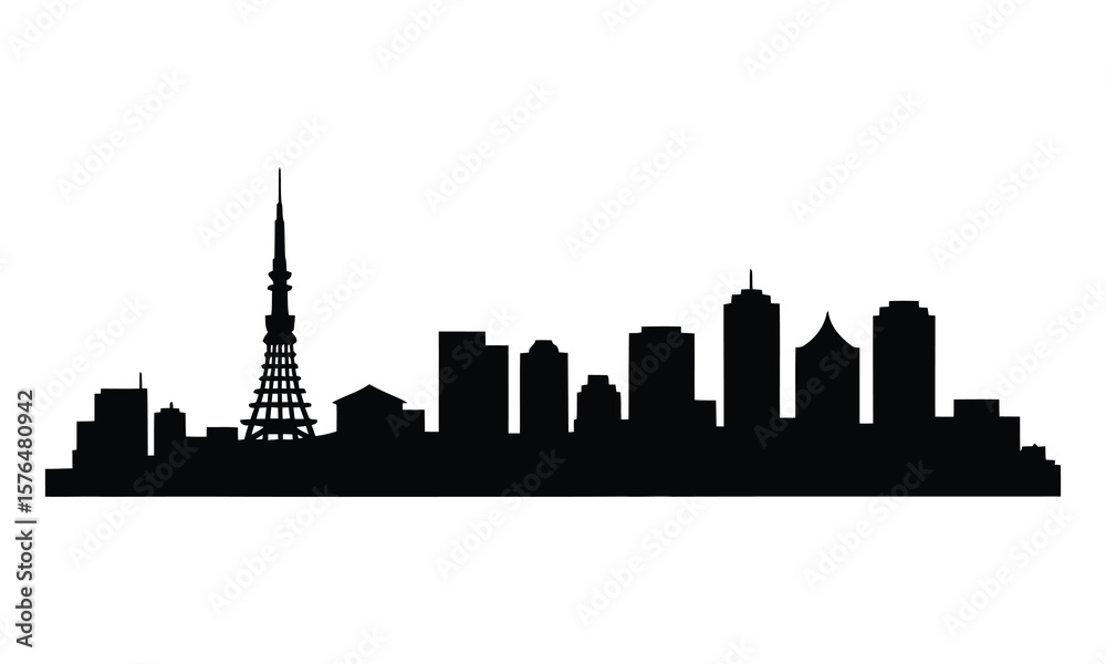 Naklejka premium Nagoya City Skyline Silhouette, Vector, Illustration, Line Art, Icon, Logo, White Background.