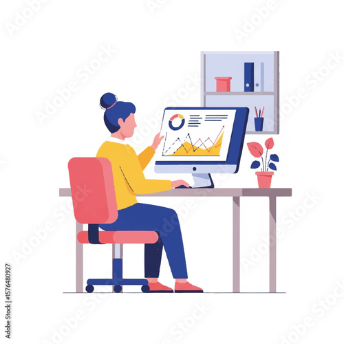 Woman analyzing data on computer screen at home office desk  