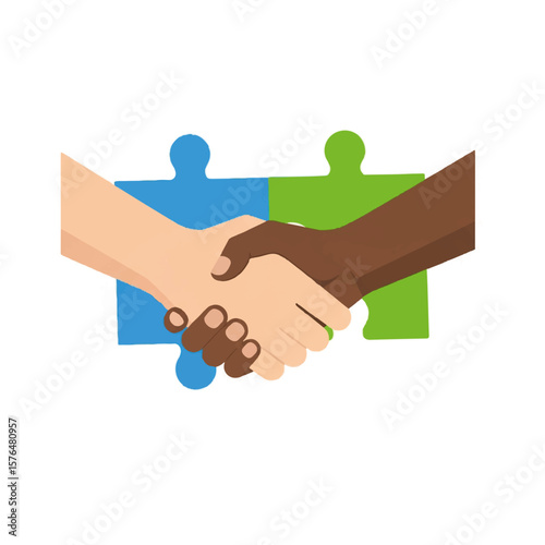 Two hands shaking with puzzle pieces in background symbolizing unity  