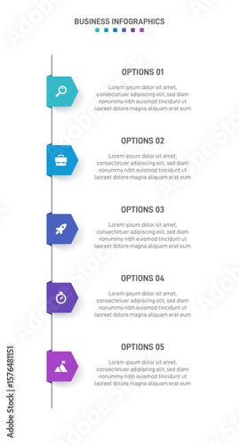 Vertical progress bar featuring 5 arrow-shaped elements, symbolizing the five stages of business strategy and progression. Clean timeline infographic design template. Vector for mobile presentation.