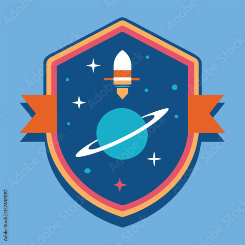 Space badge illustration with rocket planet stars and ribbon on a blue background vector