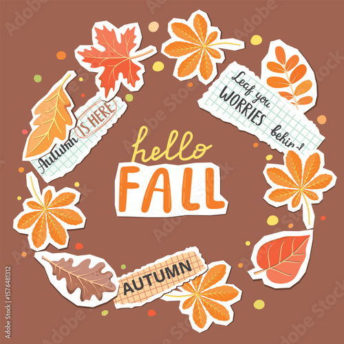 Hello fall frame with foliage and notes. Various leaves and torn pieces of paper. Autumn collage elements set with hand written. Cartoon objects with paper cut shapes. Vector design for banner, card.