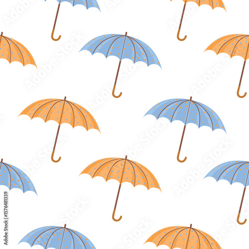 Umbrella seamless pattern. Simple print with cartoon object. Yellow and blue colors on white background. Rain accessory in open form and painted with polka dots. Vector design for textile, wallpaper.