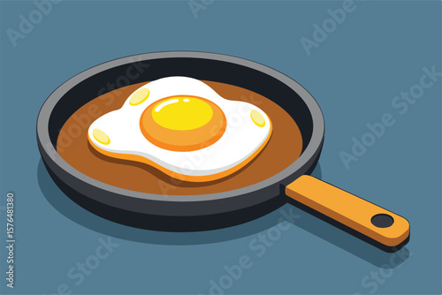 Colorful illustration depicting a fried egg cooking in a skillet with a wooden handle. Perfect for kitchen or cooking related themes, conveying simplicity and home cooked meal vibes.