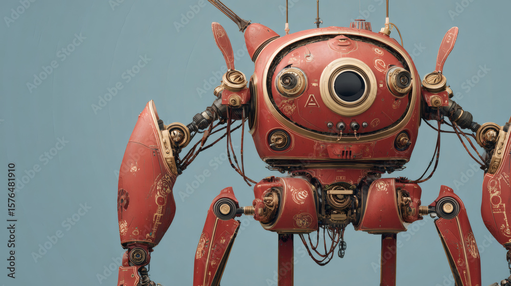 Fototapeta premium A highly detailed steampunk robot with intricate brass and red metal detailing.