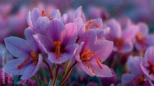 Saffron crocus field bloom purple flowers with red stigmas shot in morning light very high detail