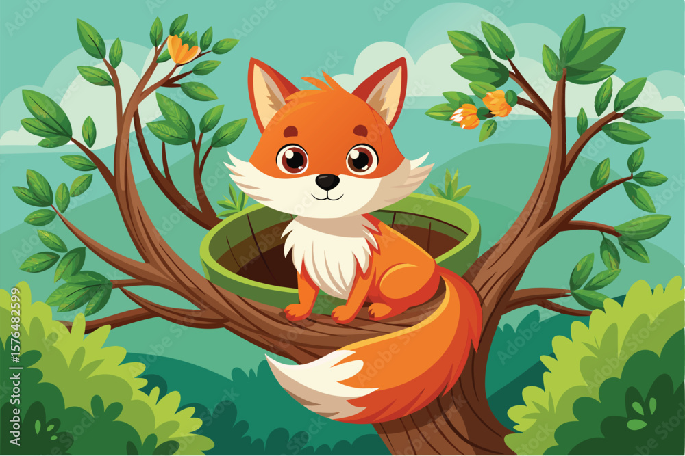Obraz premium Adorable cartoon fox sitting comfortably in a nest within a lush green tree, surrounded by vibrant leaves and flowers. Perfect for childrens books, educational materials, and playful designs.