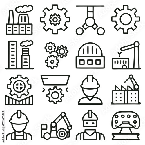 Industrial Icons Set Black and White Line Art Factory Gears Workers Engineering Construction Machinery Robot
