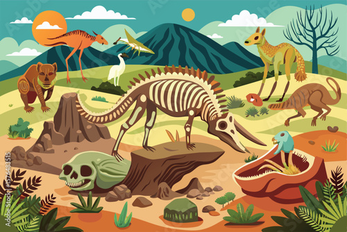 Illustration depicting various dinosaurs and skeletons in a vibrant prehistoric landscape with blue mountains and green vegetation, capturing the essence of the Jurassic era and extinct wildlife.