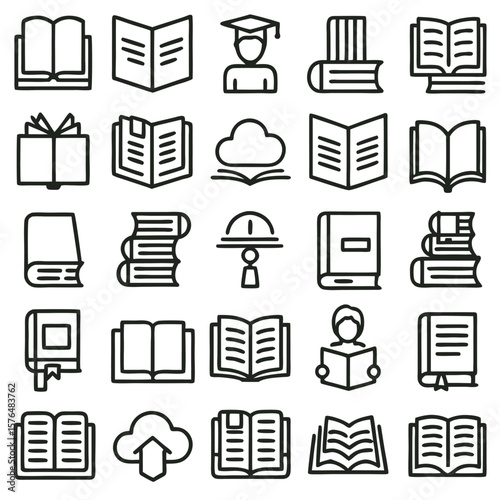 Collection of Black and White Book Icons Open Closed Stacked Student Graduation Reading Knowledge Education Library