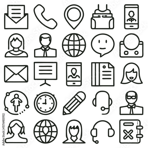 Collection of Black Line Icons Representing Communication Contact Customer Service and Global Networking